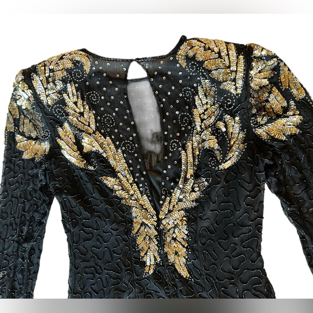 Vintage 80s Laurence Kazar Cocktail Party Black Gold Sequined Beaded Silk Dress - Picture 4 of 7